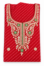Red Leheriya Gold Green Embroidered Kurta Front View