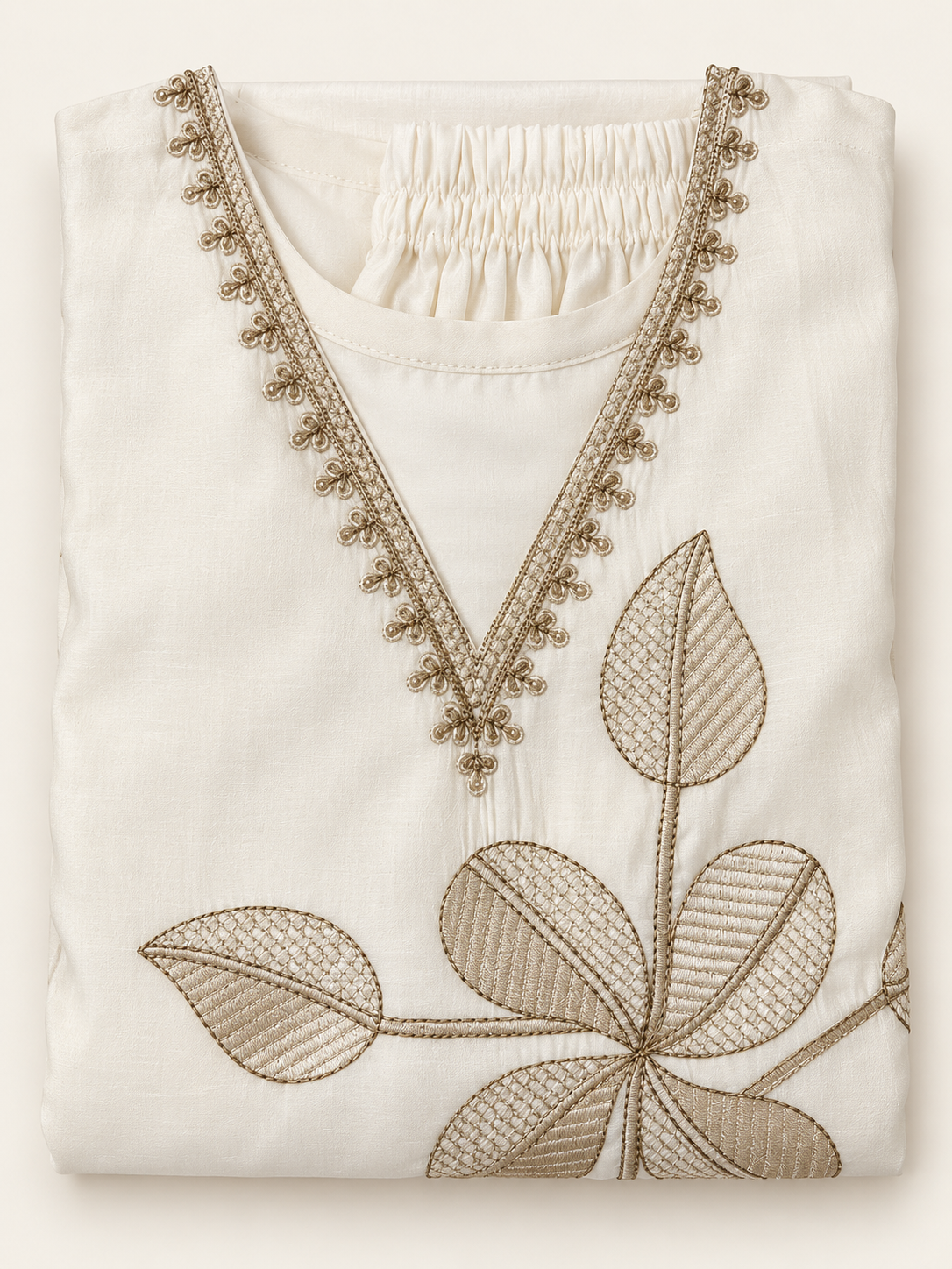 Off-White Gold Leaf Applique V-Neck Lace Kurta