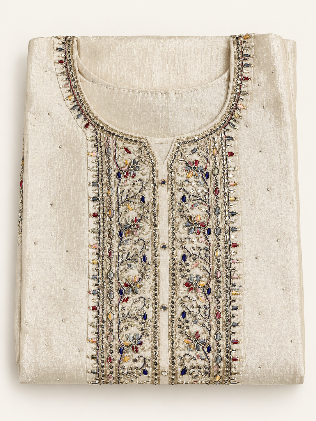 Ivory Multicolour Gemstone Floral Embroidered Kurta