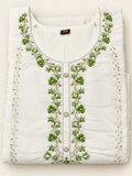 White Green Floral Pearl Bead Embroidered Kurta