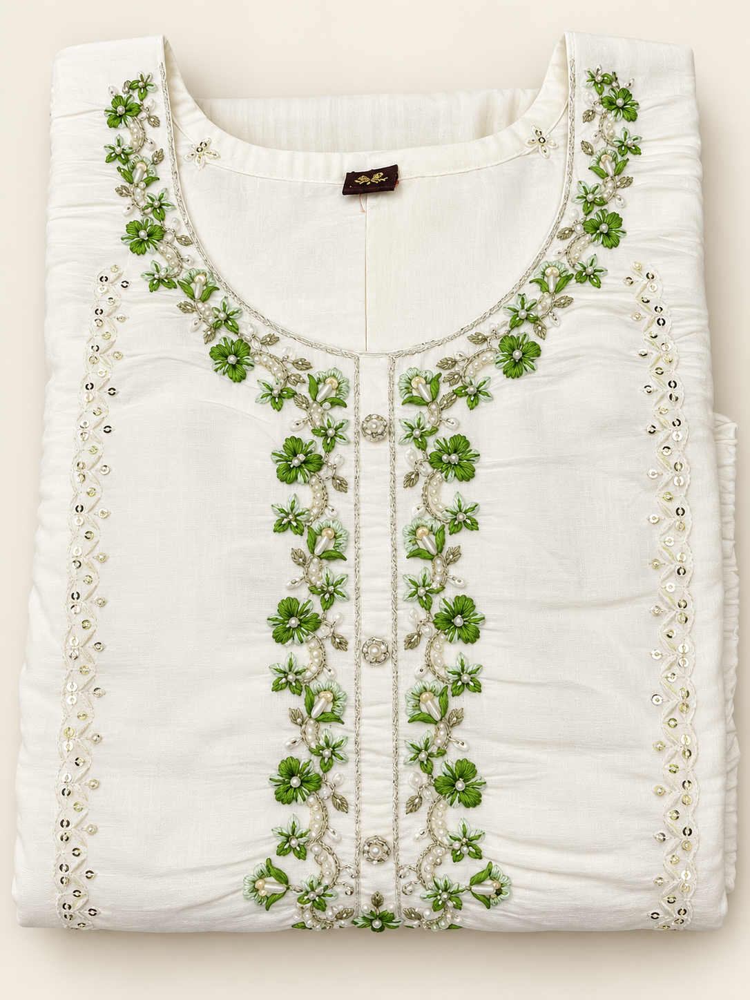 White Green Floral Pearl Bead Embroidered Kurta