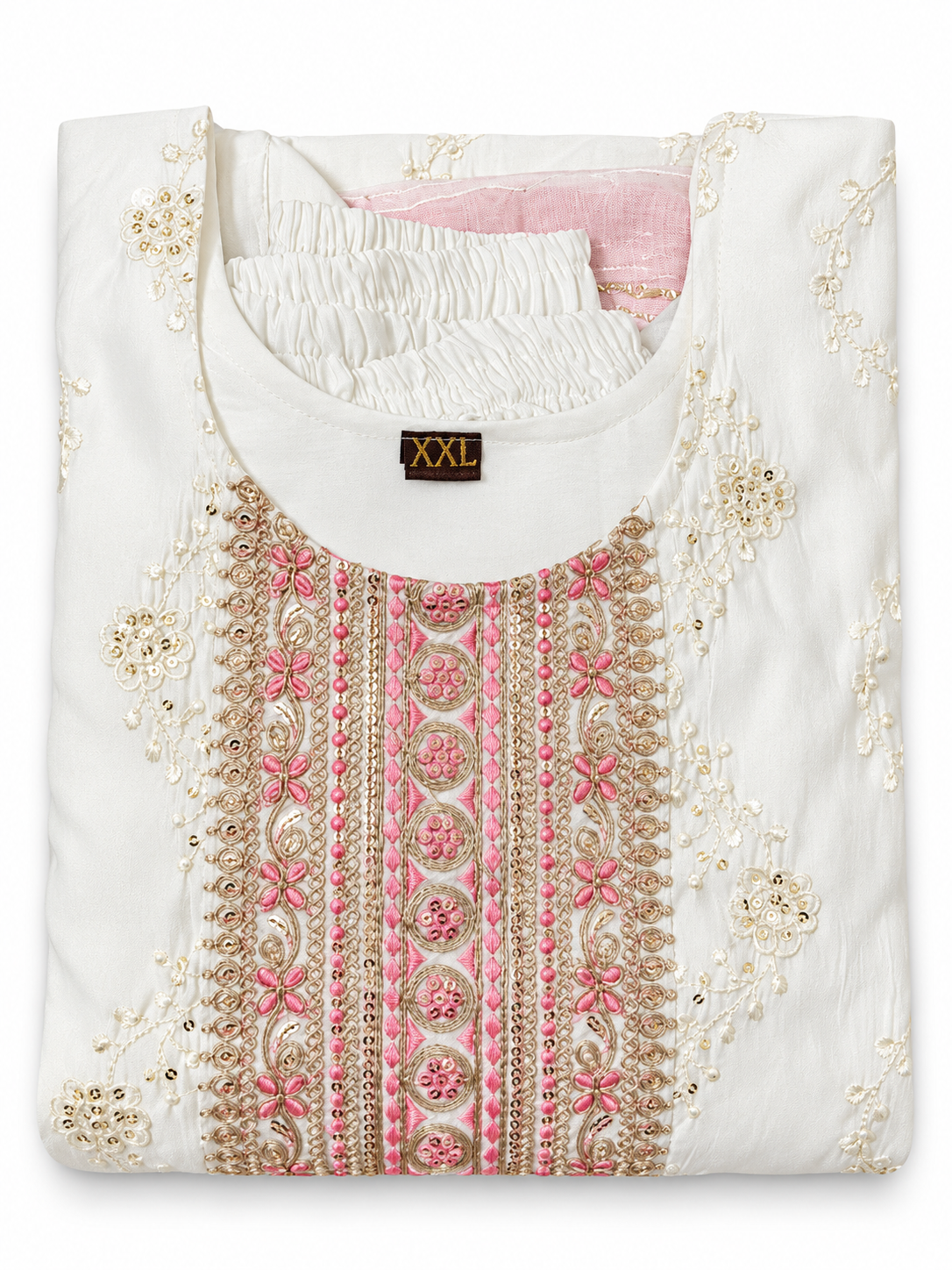 White Pink Gold Sequin Floral Embroidered Kurta