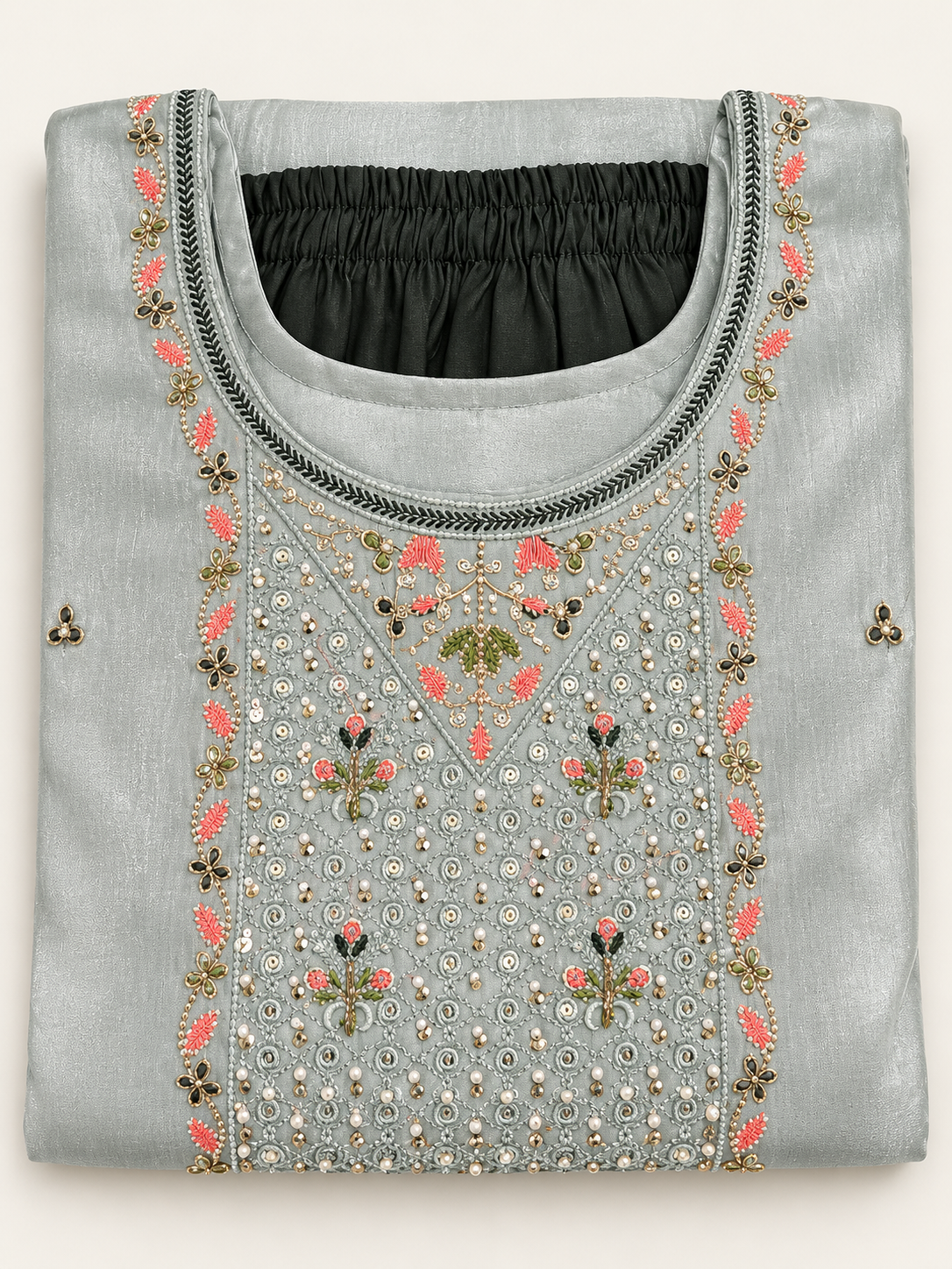 Silver Grey Pearl Bead Pink Floral Embroidered Kurta