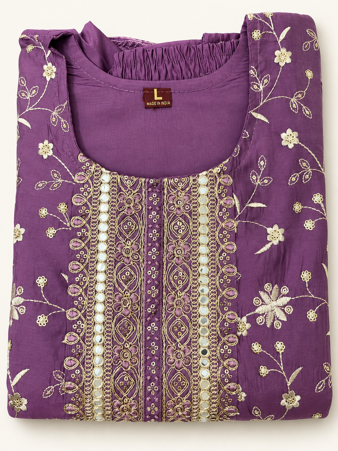 Pink Pearl Bead Gold Sequin Floral Embroidered Salwar Kameez Set with Banarasi Dupatta