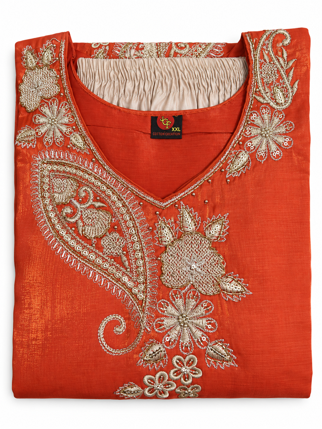 Red Gold V-Neck Chiffon Kurta Top