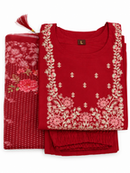 Crimson Floral Embroidered Kurta with Printed Dupatta Set