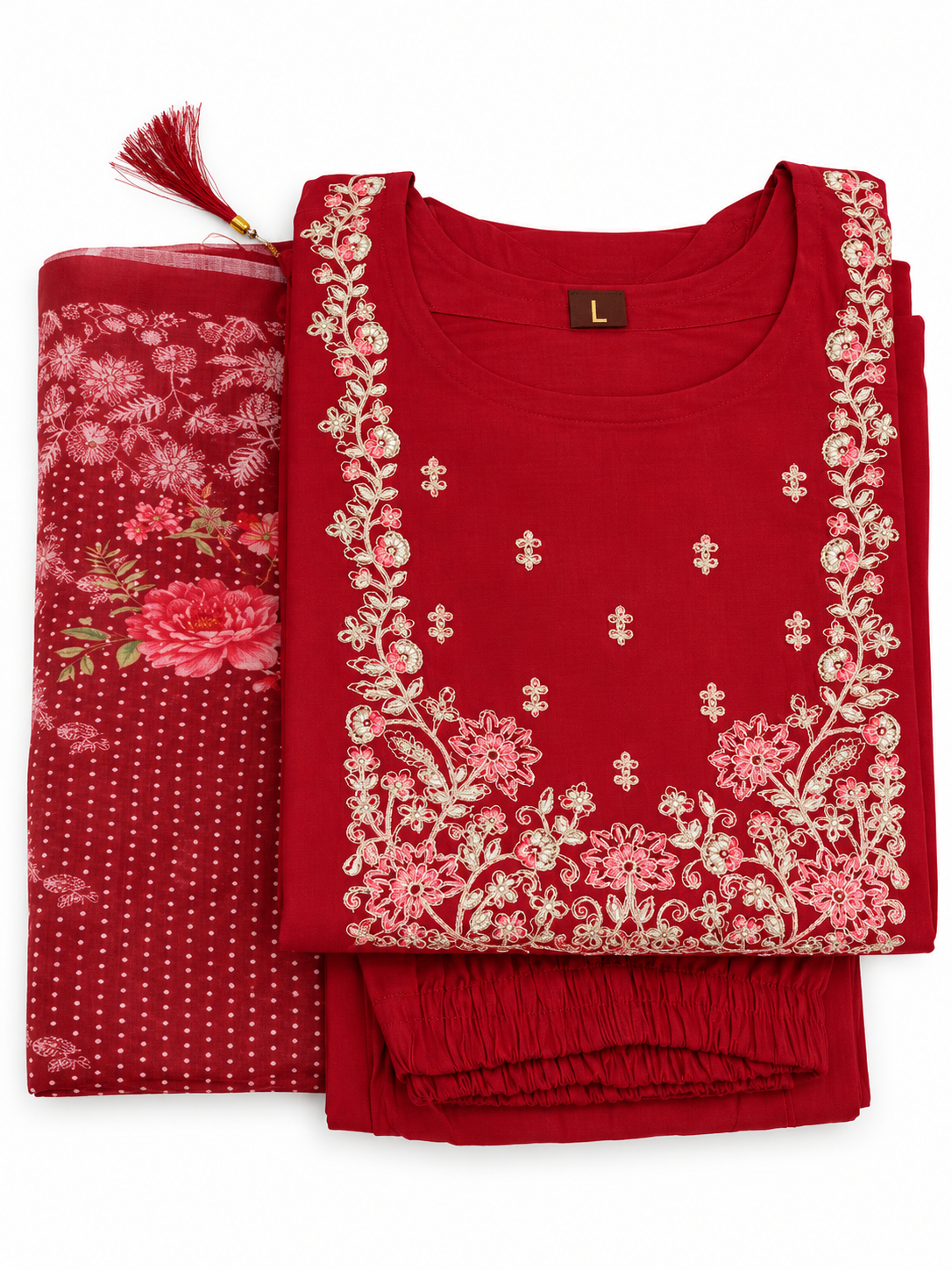 Crimson Floral Embroidered Kurta with Printed Dupatta Set