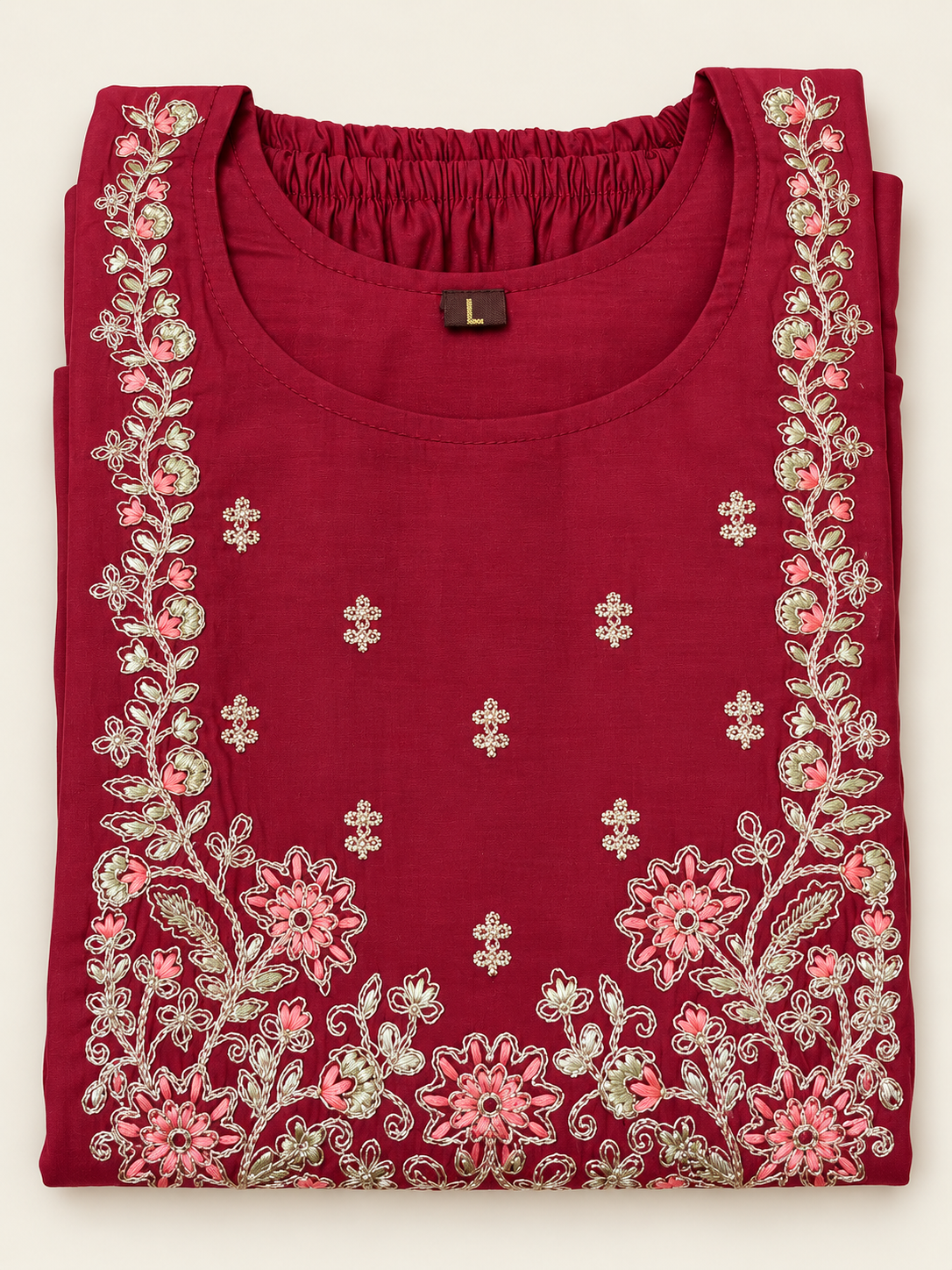 Crimson Floral Embroidered Kurta Front View