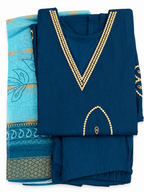 Teal Gold Pearl V-Neck Salwar Kameez Set with Printed Dupatta