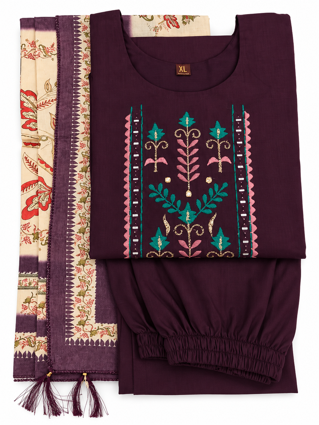 Purple Teal Pink Floral Embroidered Kurta Folded View