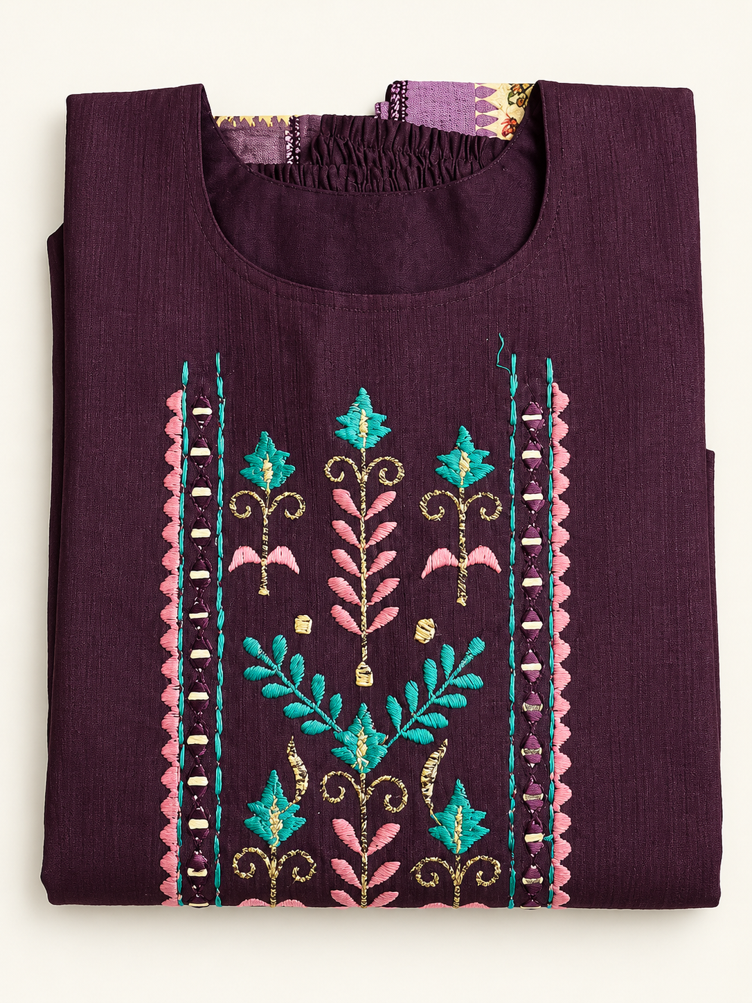 Purple Teal Pink Floral Embroidered Salwar Kameez Set with Dupatta