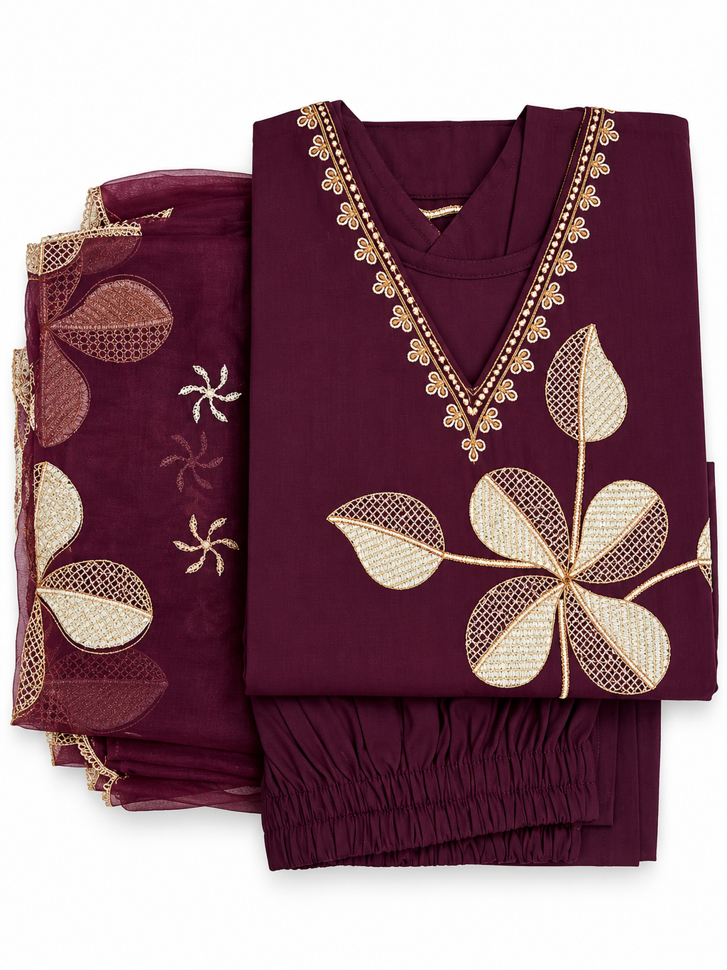 Purple Gold Large Leaf Applique V-Neck Salwar Kameez Set with Dupatta