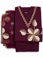 Purple Gold Large Leaf Applique V-Neck Salwar Kameez Set with Dupatta