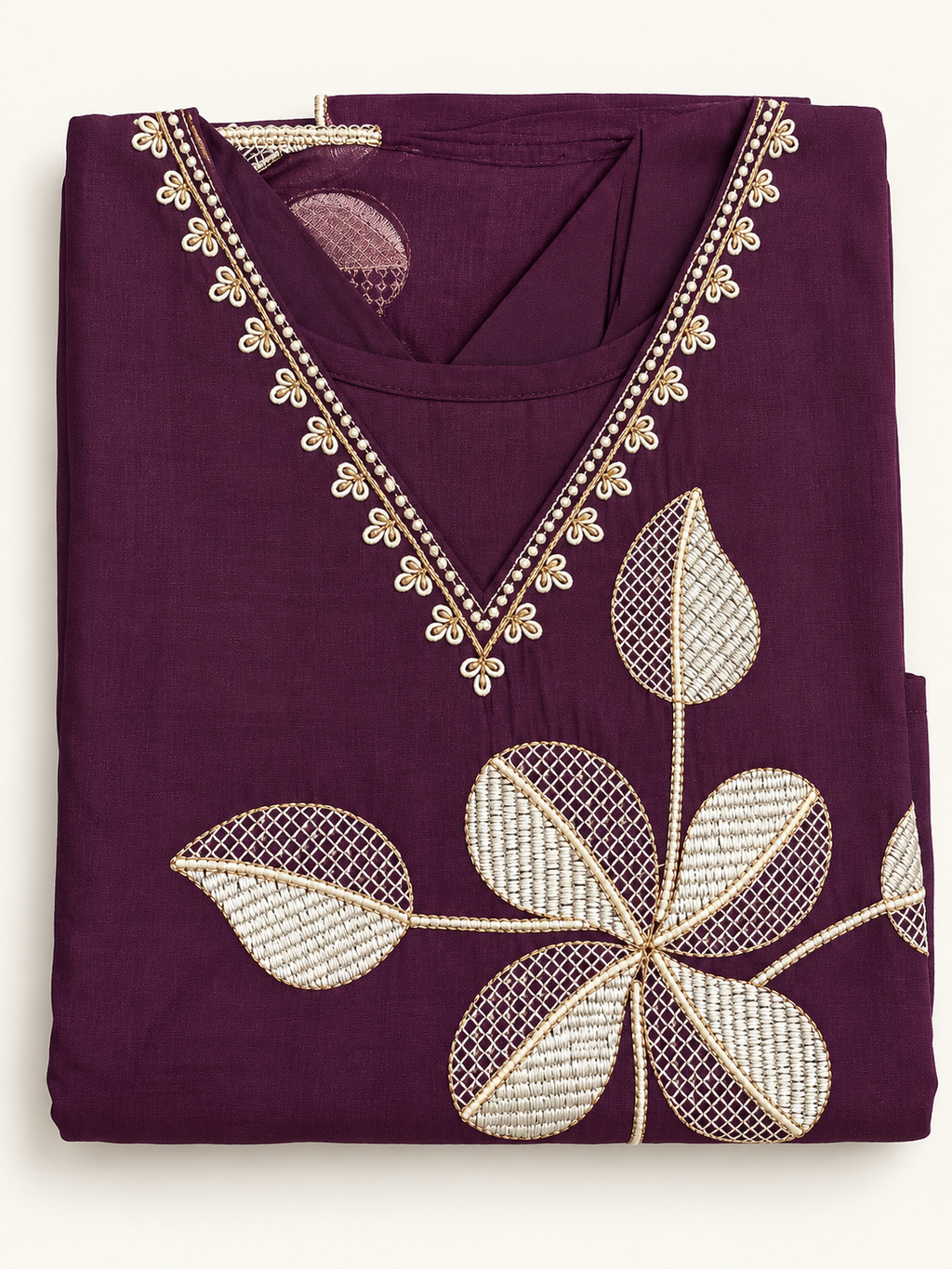 Purple Gold Large Leaf Applique V-Neck Kurta Folded View