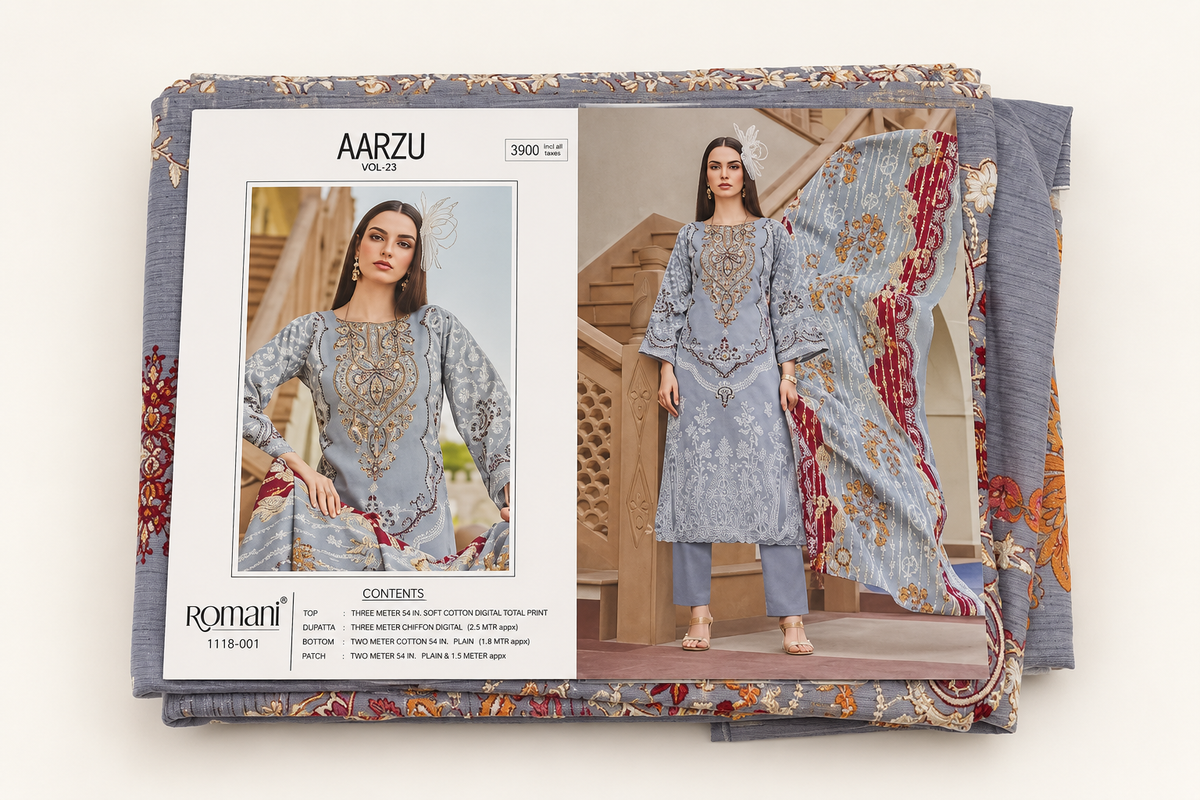 Romani Aarzu Vol-23 Grey Embroidered Salwar Kameez Piece