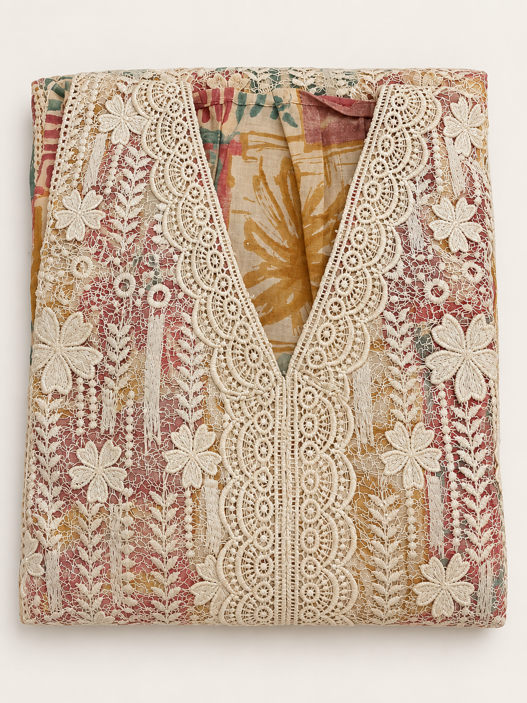 Multicolour Lace V-Neck Embroidered Kurta Fabric Unstitched