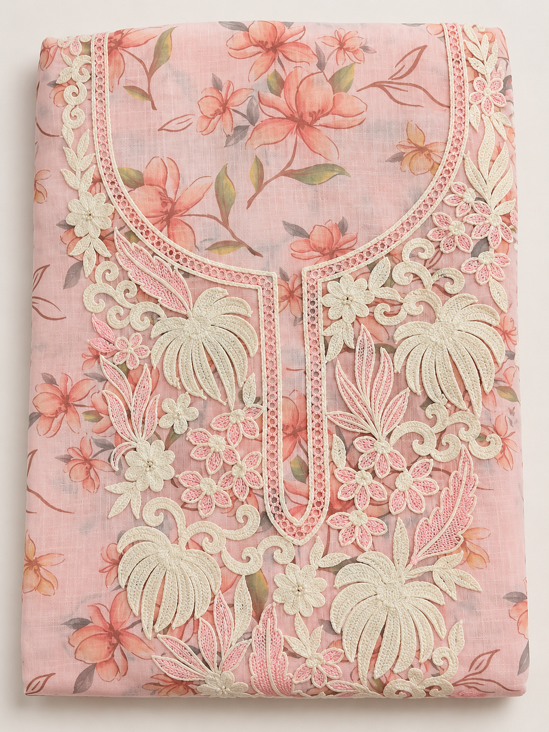 Rose Pink Floral Print Crochet Lace Kurta Fabric Unstitched