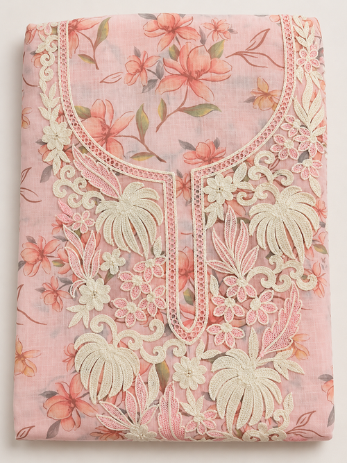 Rose Pink Floral Print Crochet Lace Kurta Fabric Unstitched