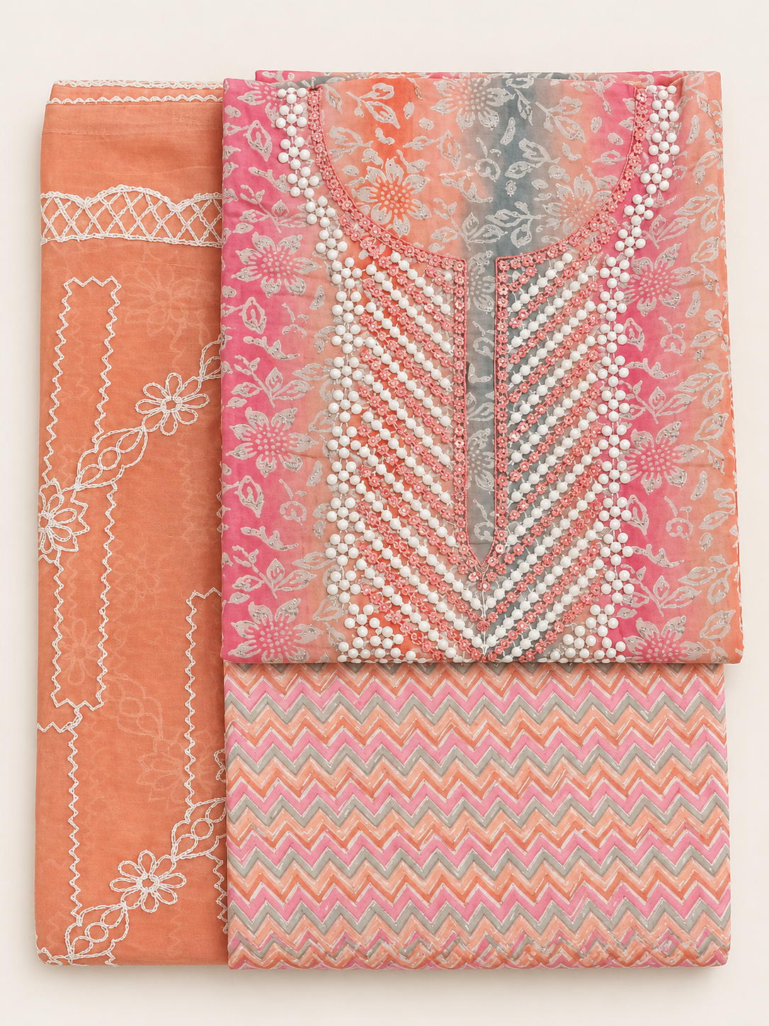Peach Pearl Chevron Embroidered Salwar Kameez Piece Unstitched