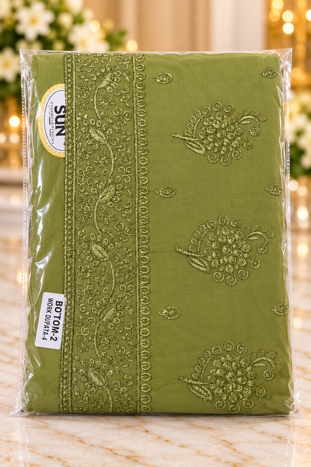 Olive Green Self Embroidered Chikankari Salwar Kameez Piece Unstitched