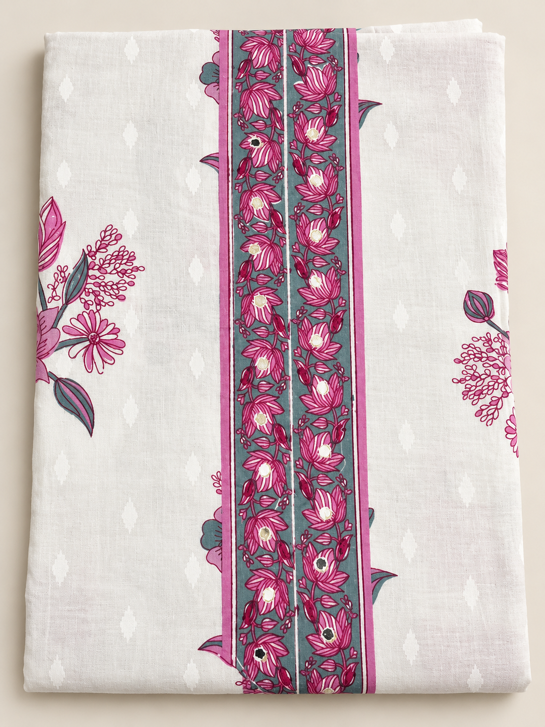 White Pink Floral Border Print Cotton Salwar Kameez Piece Unstitched