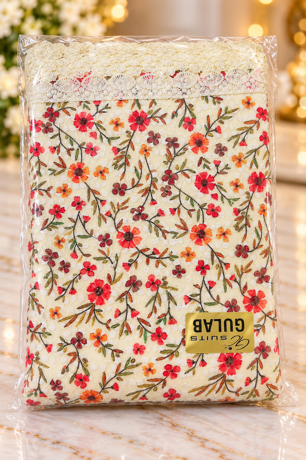 Gulab Suits Ivory Red Floral Ditsy Print Cotton Salwar Kameez Piece Unstitched