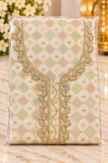 Off-White Pastel Diamond Pearl Gold Embroidered Kurta Fabric Unstitched