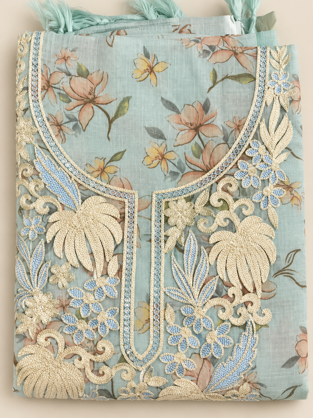 Sky Blue Tropical Lace Embroidered Linen Salwar Kameez Piece Unstitched