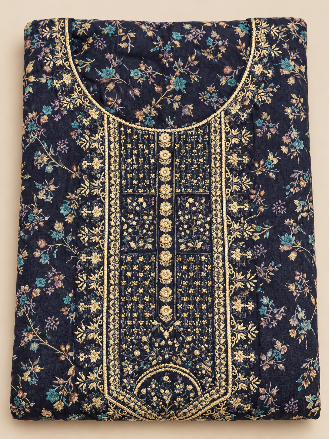 Ivory Floral Print Pearl Sequin Embroidered Linen Salwar Kameez Piece Unstitched