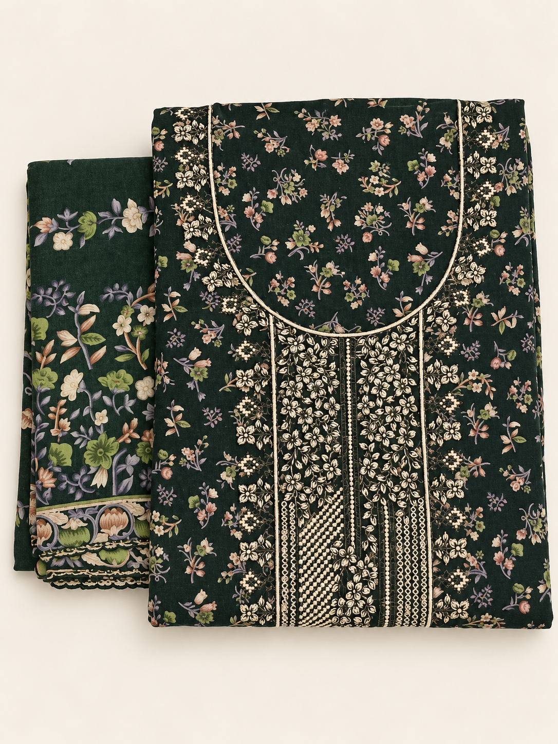 Dark Green Ditsy Floral Print Embroidered Salwar Kameez Piece Unstitched