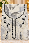 Grey Tropical Print Black Lace Embroidered Salwar Kameez Piece Unstitched