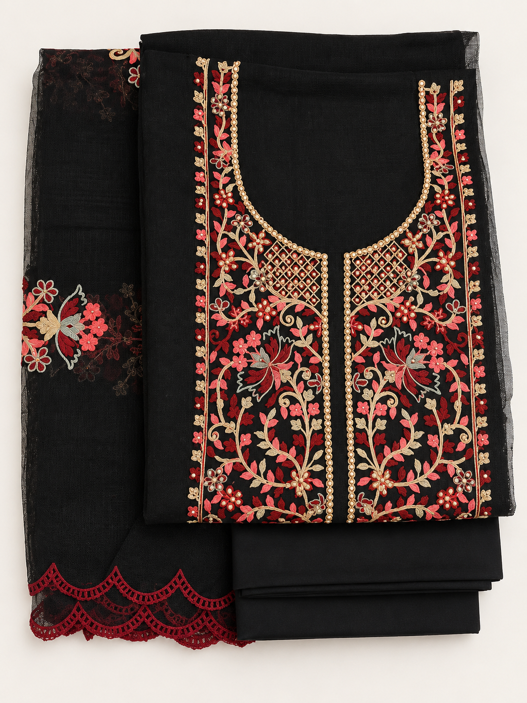 Black Floral Vine Gold Embroidered Salwar Kameez Piece Unstitched