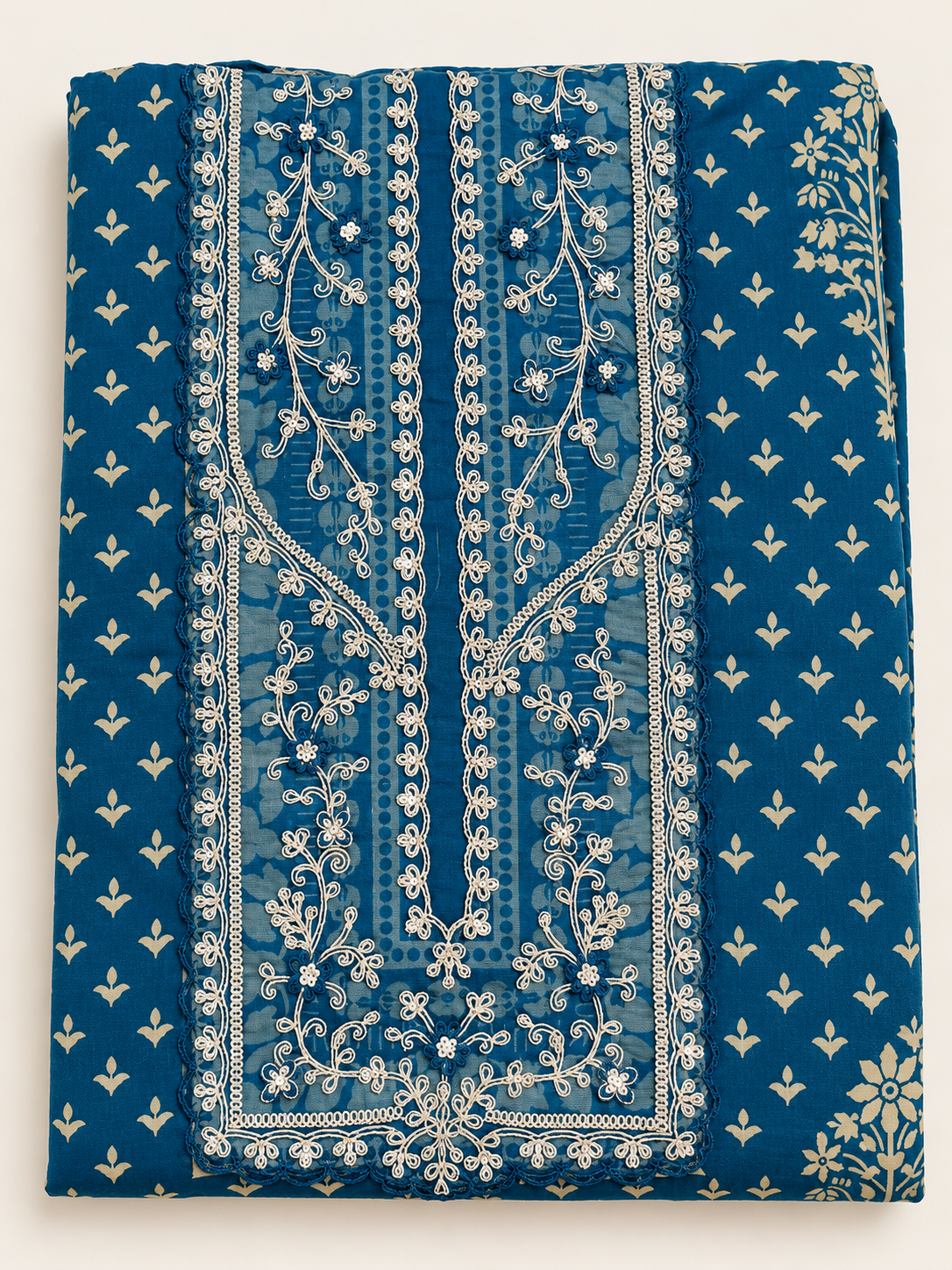 Teal Blue Floral Embroidered Cotton Salwar Kameez Piece Unstitched