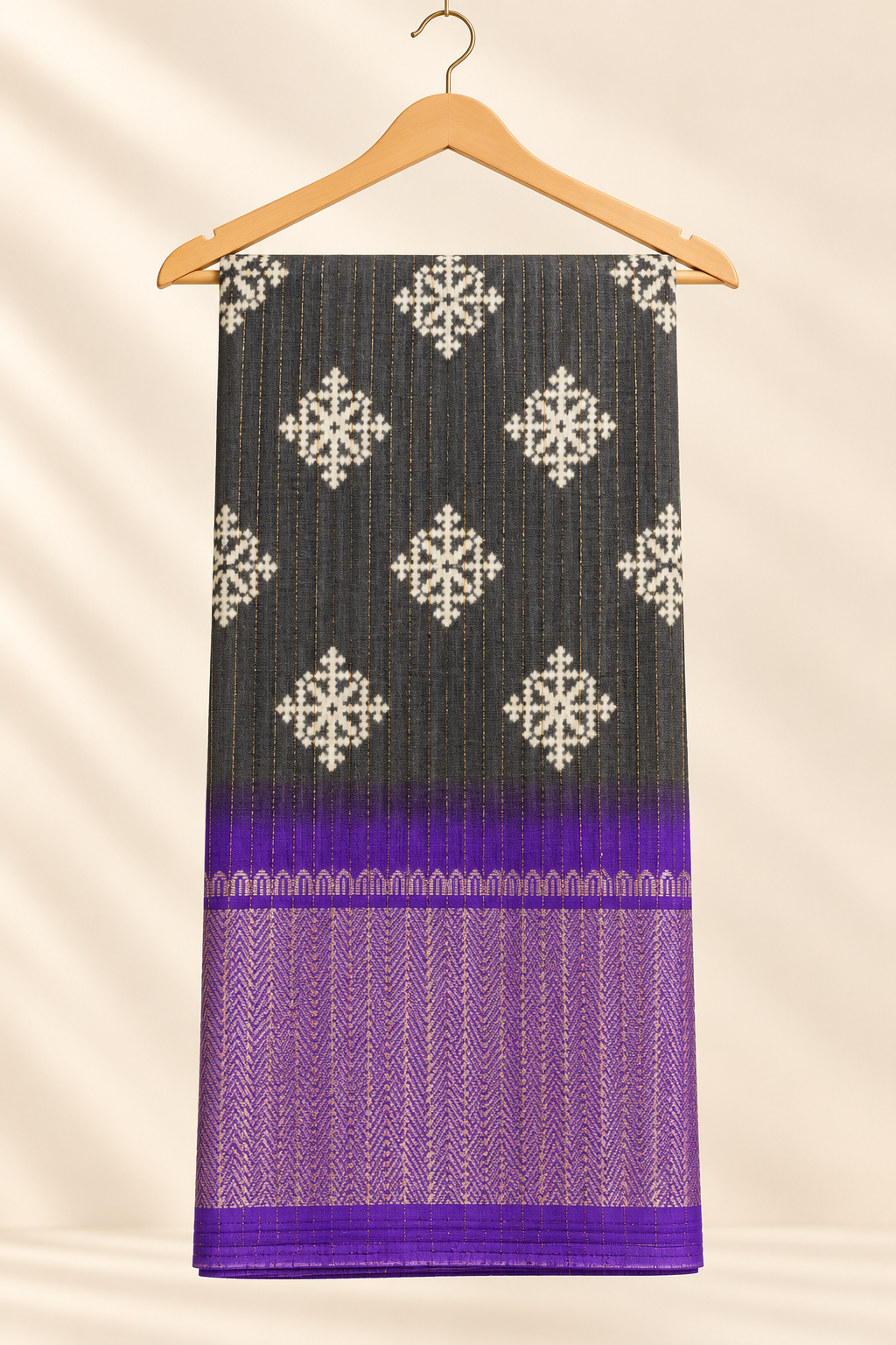 Charcoal Grey Patola Print Saree with Purple & Lavender Zari Border