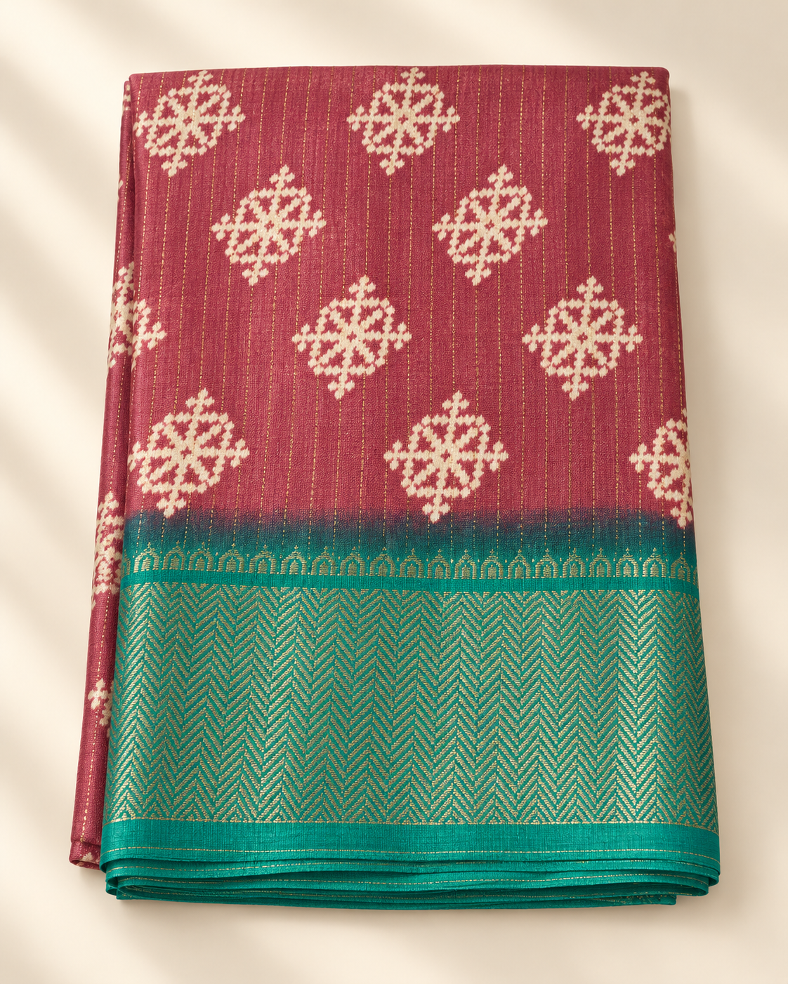 Dusty Rose Patola Snowflake Print Saree with Teal Zari Border