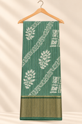 Teal Floral Block Print Saree with Dark Green Zari Border