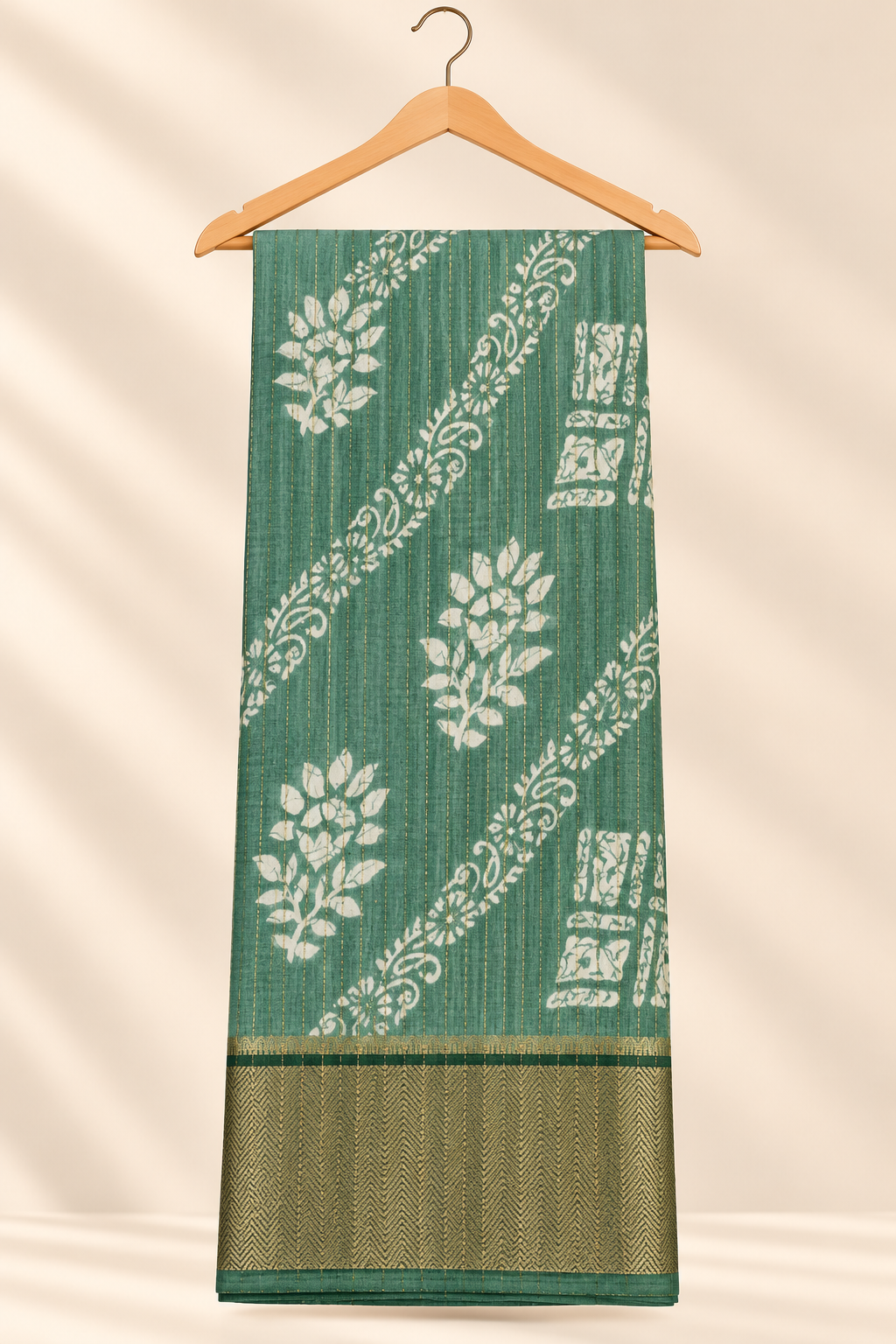 Teal Floral Block Print Saree with Dark Green Zari Border