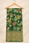 Forest Green Tropical Leaf Print Saree with Gold Zari Border