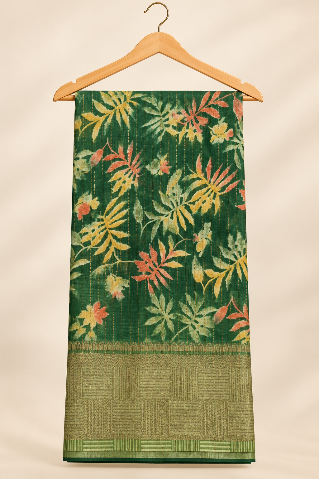 Forest Green Tropical Leaf Print Saree with Gold Zari Border
