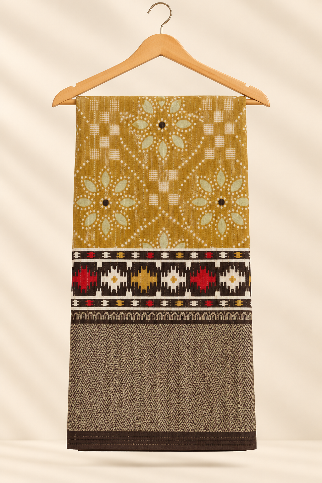 Mustard Ikat Floral Print Saree with Black Tribal Ikat Border