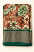 Terracotta Botanical Floral Print Saree with Teal & Grey Woven Border