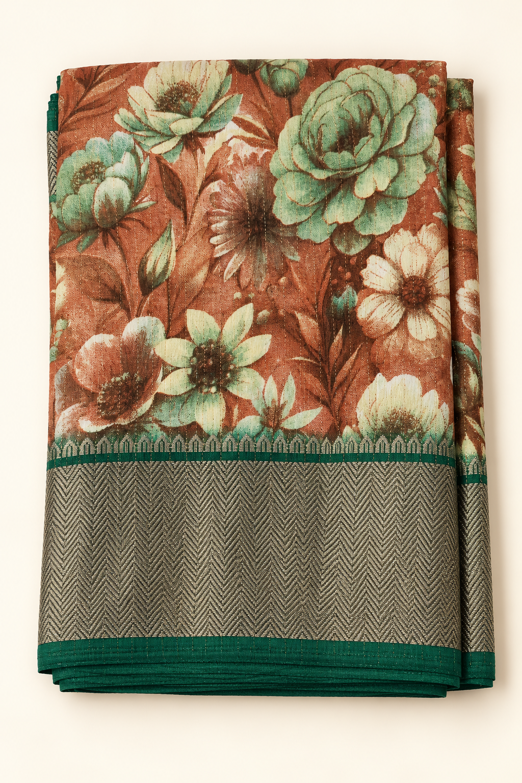 Terracotta Botanical Floral Print Saree with Teal & Grey Woven Border