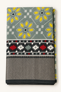 Steel Grey Ikat Floral Print Saree with Black Tribal Ikat Border