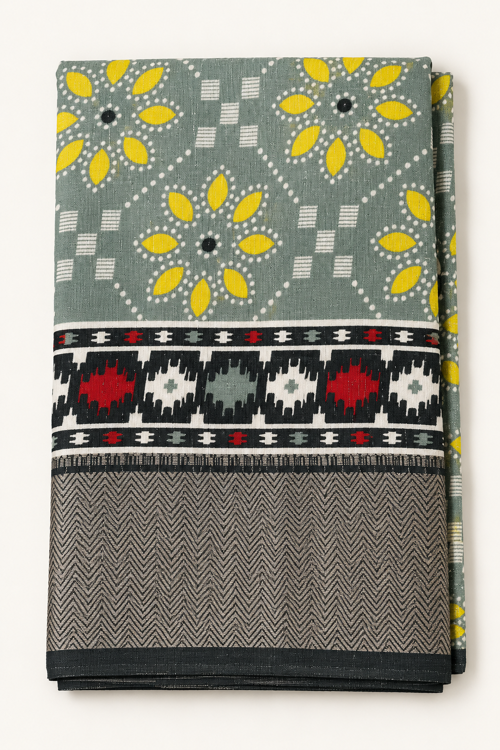 Steel Grey Ikat Floral Print Saree with Black Tribal Ikat Border