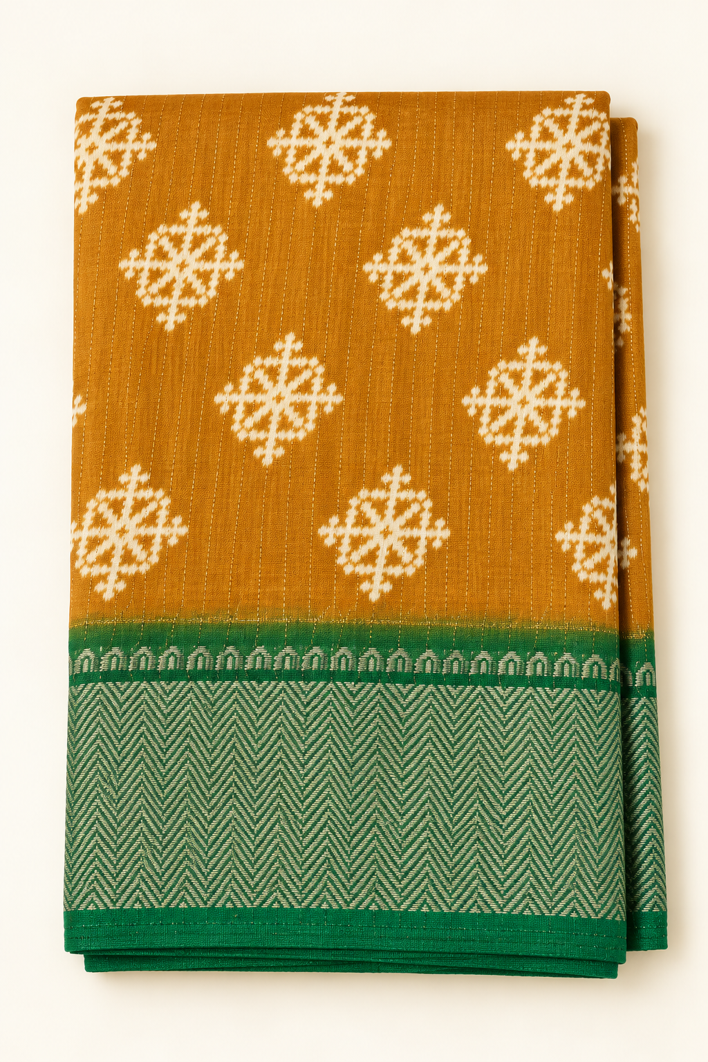 Mustard Patola Snowflake Print Saree with Green Woven Border