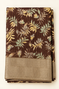 Dark Chocolate Tropical Leaf Print Saree with Gold Zari Border