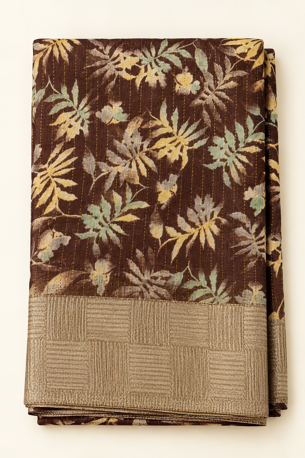 Dark Chocolate Tropical Leaf Print Saree with Gold Zari Border