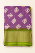 Tomato Orange Floral Block Print Saree with Dark Brown Woven Border
