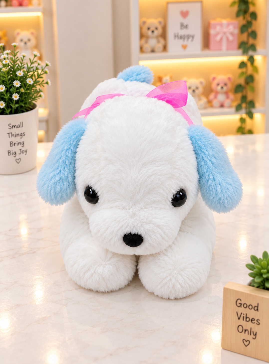 White Puppy Soft Toy with Blue Ears