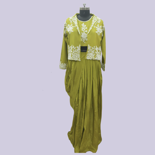 Silk Blazer with top And Dhoti Skirt Co-Ord | Olive Green